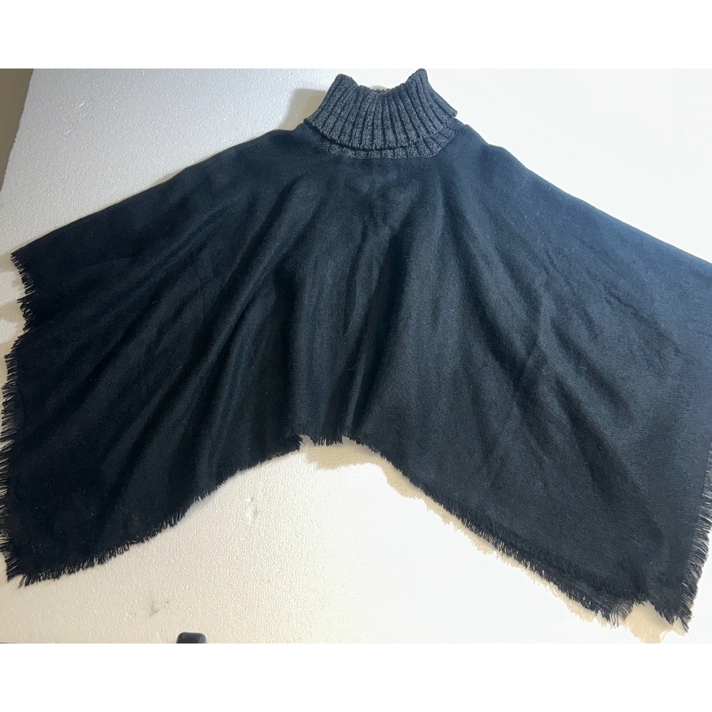 Tahari Womens Black‎ Knit Turtleneck Poncho Wrap Fringe Hem One Size OS